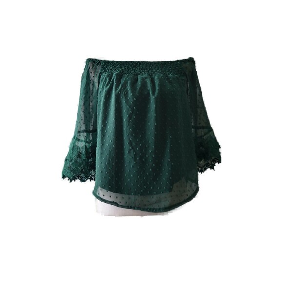 Chiffon Green Off The Shoulder Pom Pom Swiss Dot Lantern Sleeve Tunic Top Sz S - Picture 3 of 5